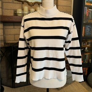 TAHARI Black & White Pullover Stripe Sweater w/ Thick Stitch Decal - Large